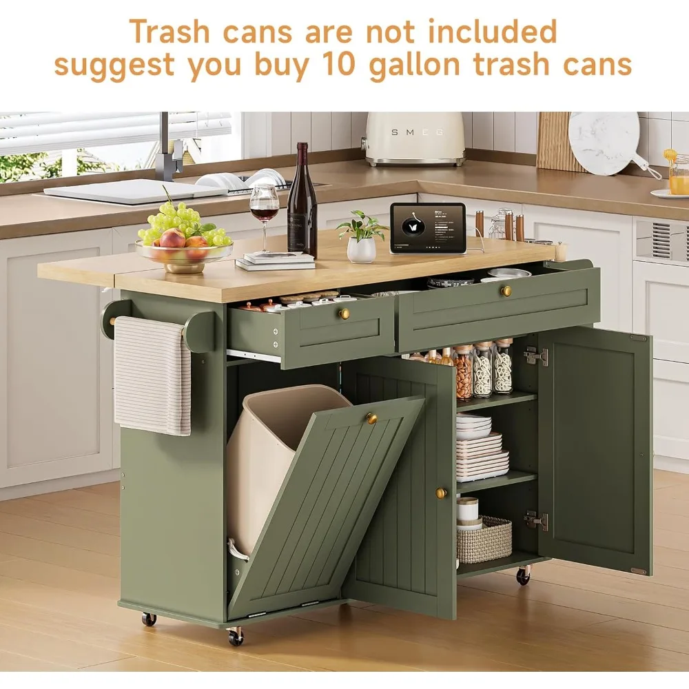 

60-inch Kitchen Island with Built-in Power Outlet and Folding Side Table, Mobile Kitchen Cart with Spice and Towel Storage, and