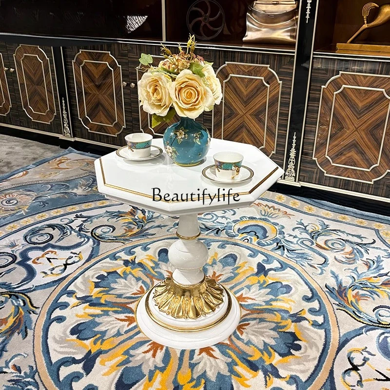 

02 French solid wood small coffee table, European-style palace luxury carved living room sofa side small round table