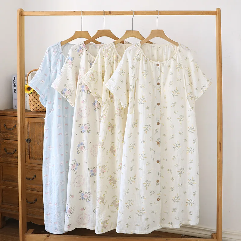 2025 New Summer Women's Short sleeved Sleeping Skirt 100% Cotton Gauze Long Skirt Thin Cute Girl Dress Home Clothes Ladies - view 2