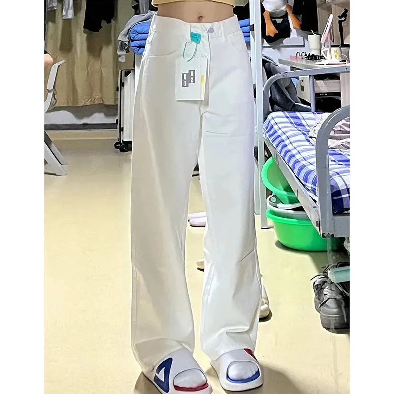 Korean Female High Waisted White Pantalons Women Narrow Edition Cowboy Trousers Spring Summer Lady Straight Wide Leg Denim Pants