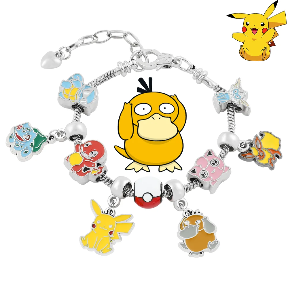 Cartoon Pikachu Psyduck Charmander DIY Bracelet Anime Pokemon Figure Metal Badge Pendant Bracelet Kawaii Jewelry Accessories