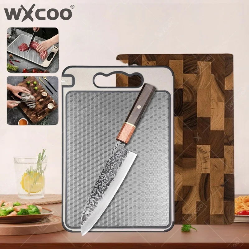 WXCOO 1~3PCS Meat Cleaver Hand Forged Kitchen Knife Set Thicken Acacia Wooden Cutting Board Japanese Fruit Cutting Santoku Knife