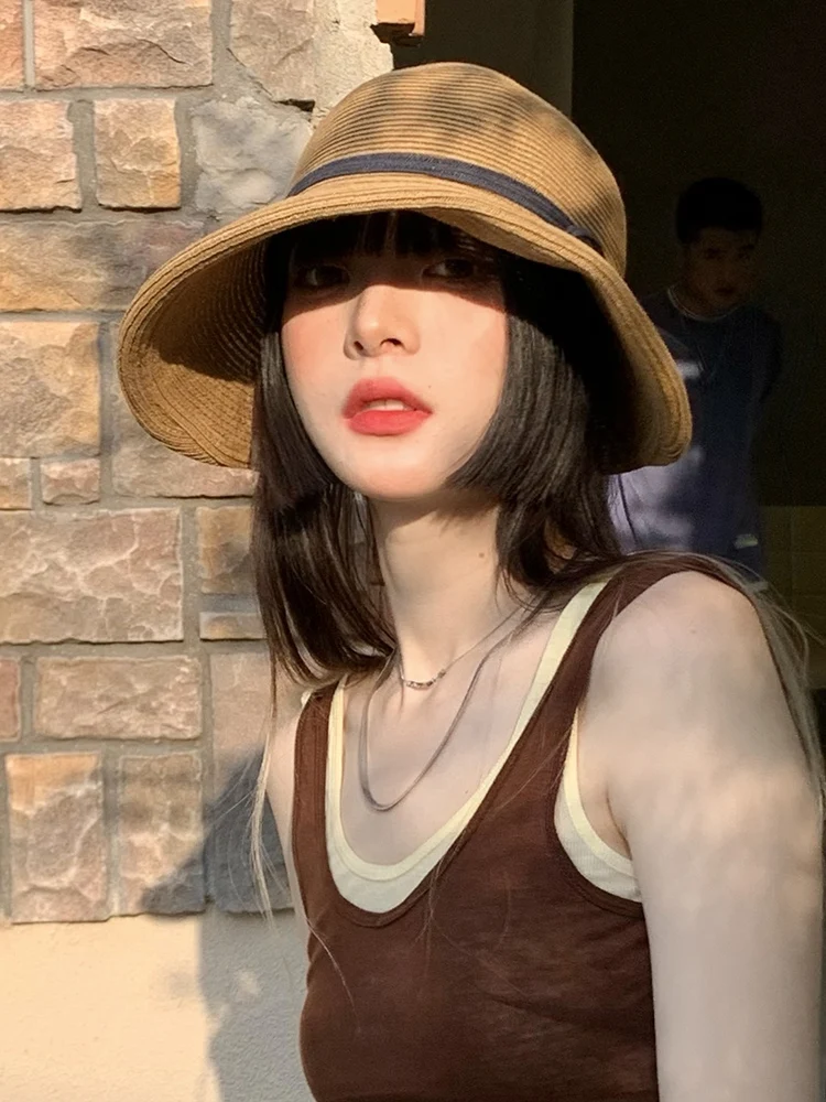 Women's Summer Hepburn Style Foldable Sun Hat Face Covering UV Protection Beach Sunscreen Large Brim Straw Hat Casual Butterf...