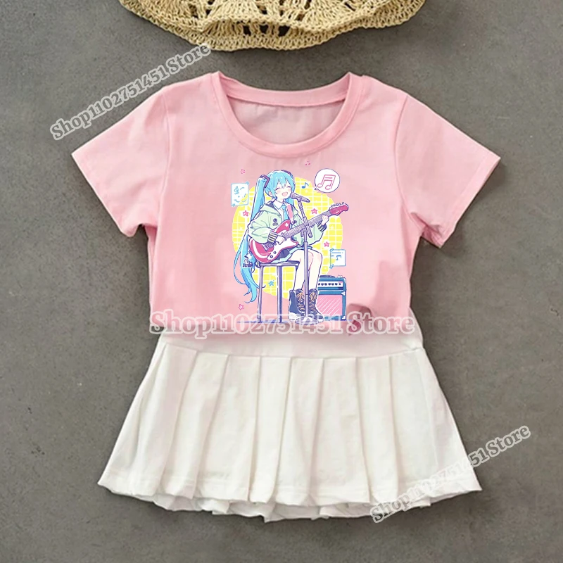 Kawaii Cartoon Hatsunes Miku Print T-shirt Pleated Skirt Two-Piece Set Kids Uniform Dresses Virtual Idol Singer Girls Clothes