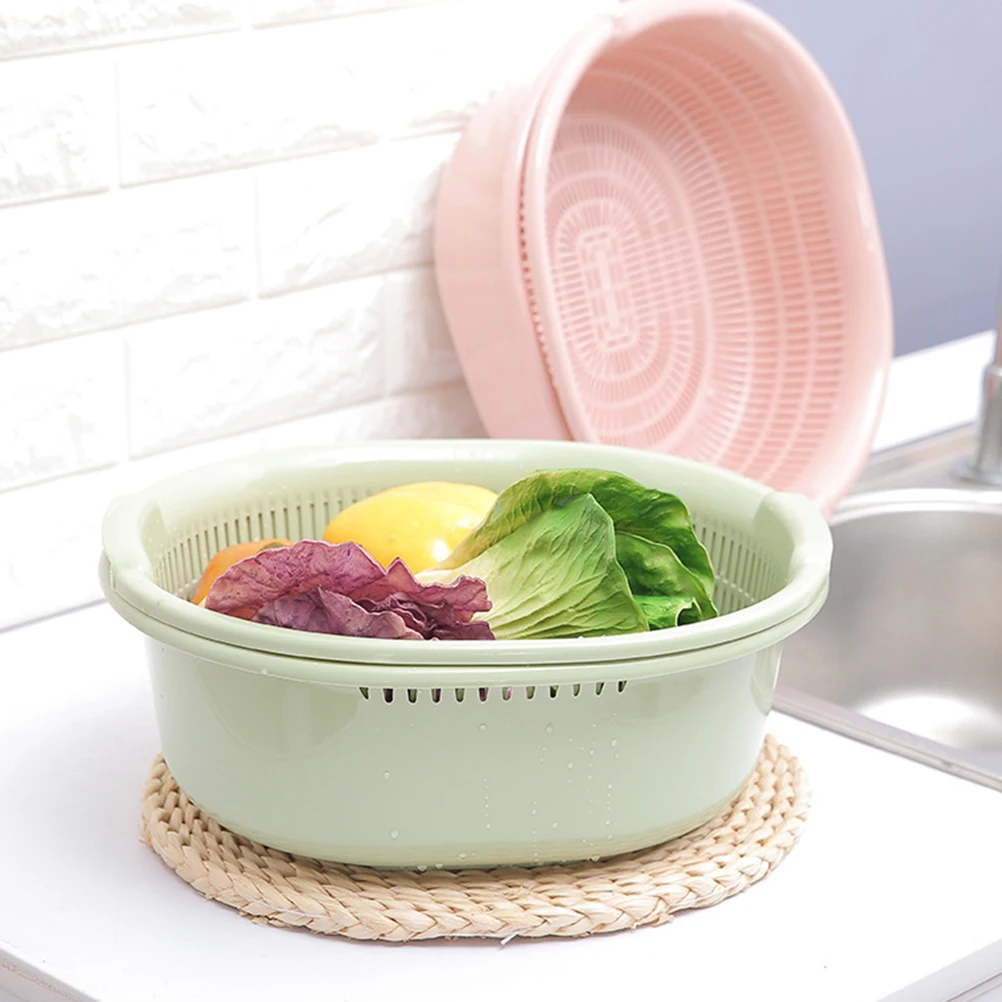 

Vegetable Basket Fruit Strainer Double Layer Green Stackable Colanders Plastic Colander Set Space Saving