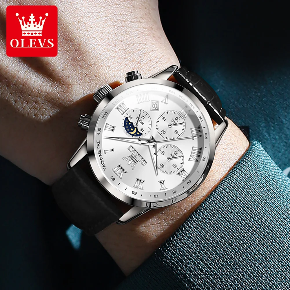 Olevs 5529 relógio de quartzo original de luxo para homens 41mm mostrador grande cronógrafo relógios masculinos fase da lua relógio de pulso de