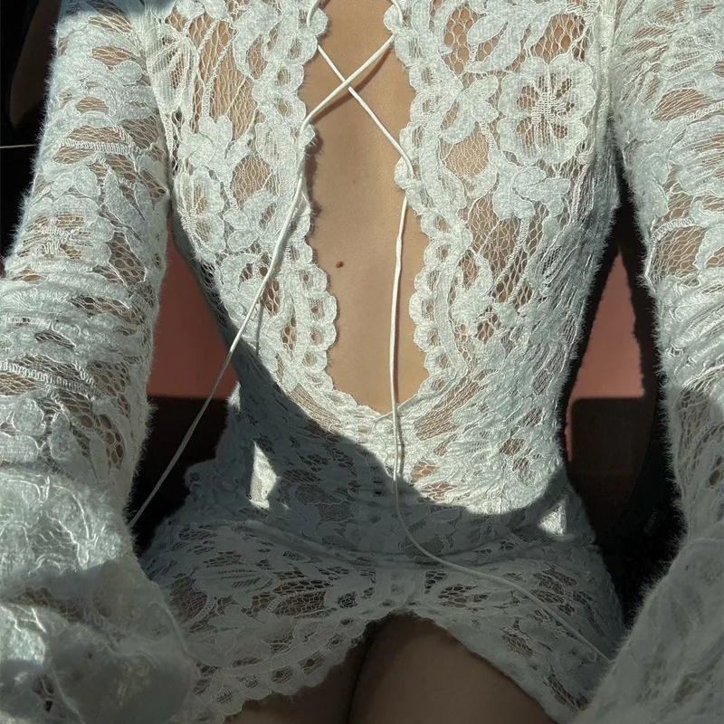 Sexy White Lace Printed Maxi Dress For Women See-Through Hollow Out Full Sleeve V Neck Slit Slim Long Dress Party Club Outfit