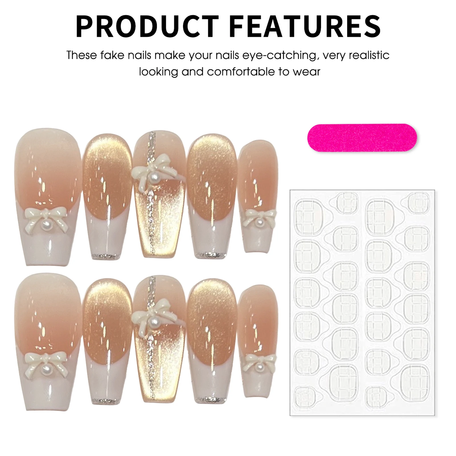 เล็บปลอมสำเร็จรูปสีชมพู 10 ชิ้น ลายตาแมว เรซิ่น ทำมือ สไตล์ฝรั่งเศส ประดับโบว์ สำหรับตกแต่งเล็บด้วยตัวเอง งานแต่งงาน งานปาร์ตี้