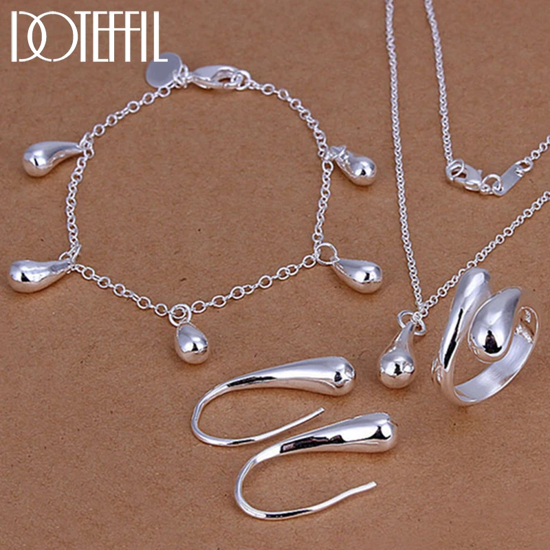 18 Inch Chain Water Drops Chain Necklace Bracelet Earring Ring Silver Color Set For Women Wedding Jewelry