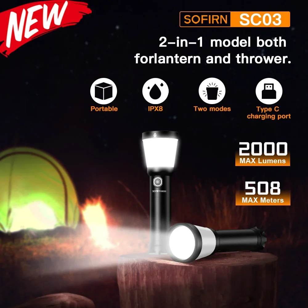 

Sofirn SC03 2000LM USB C Rechargeable 21700 Lantern Camping Light 2-in-1 Powerful Flashlight Outdoor Torch with Combo Side Light