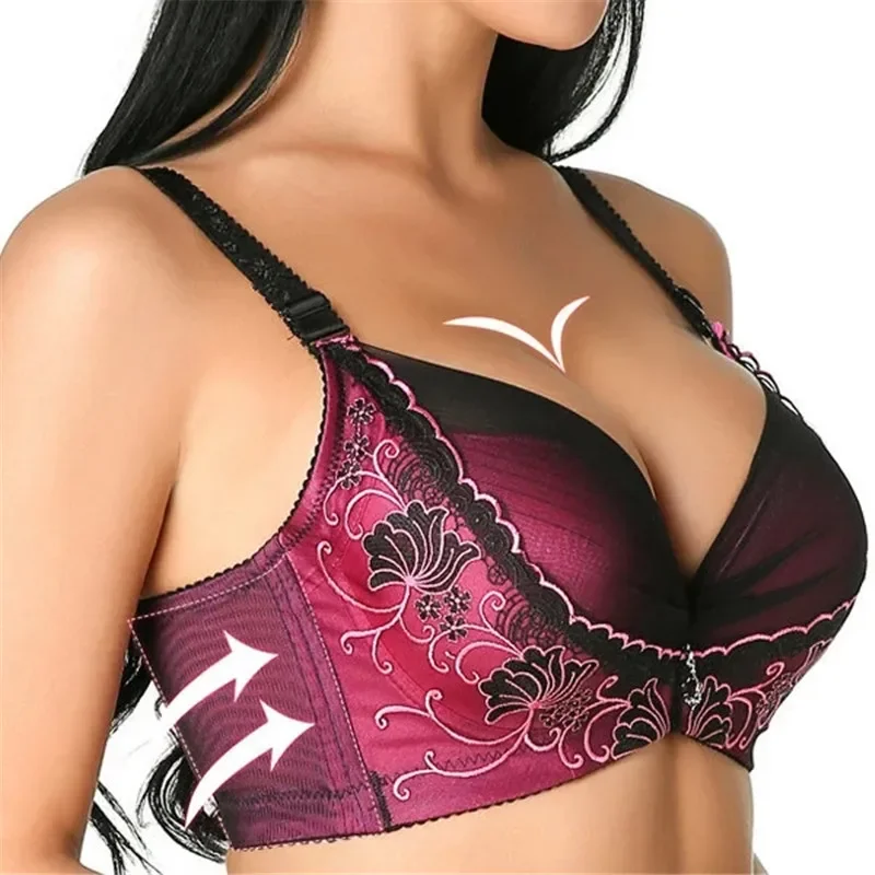 Ladies Embroidered Thin Section Bra with Steel Ring Adjustment Comfortable Breathable CD Pass Cup Receiving Full Cup Lace Bra