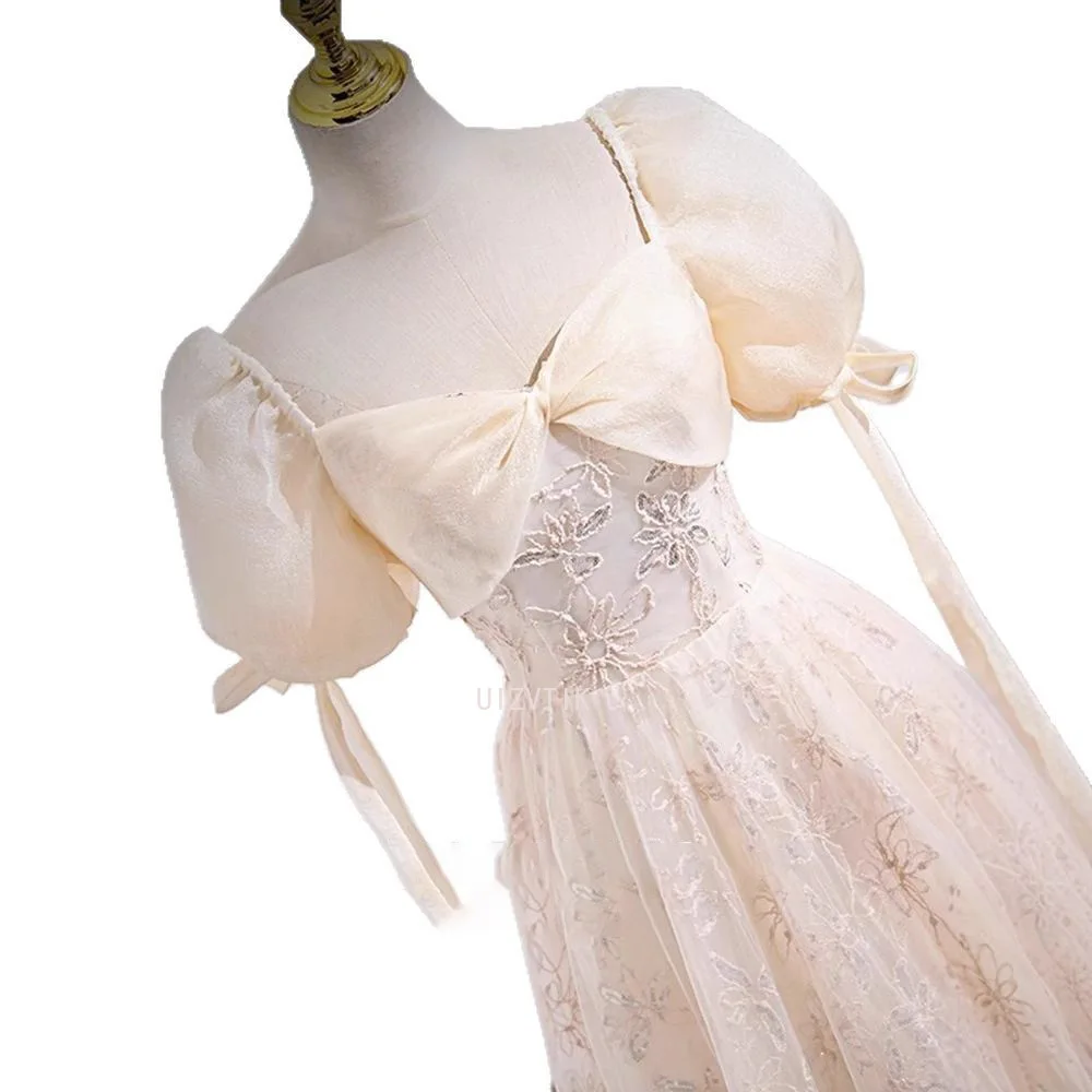 الشمبانيا الأزهار فساتين السهرة الكرة ثوب أنيق صورة حقيقية نفخة الأكمام يزين الدانتيل متابعة فستان رسمي بسيط كوريا فستان الزفاف