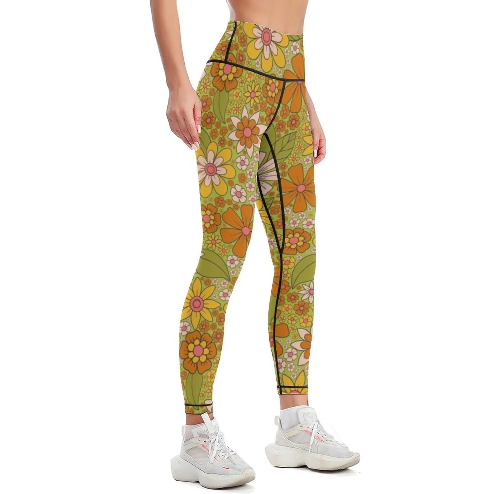 1960s, 1970s Retro Floral in Green, Pink & Orange - Flower Power Leggings sports shirts gym active wear Womens Leggings