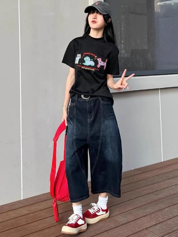 Plus Size Amerikaanse Retro Zeven Voet Jeans Vrouwen Losse Hoge Taille Slanke Rechte Wijde Pijpen Mes Midden Broek Casual losse Fit