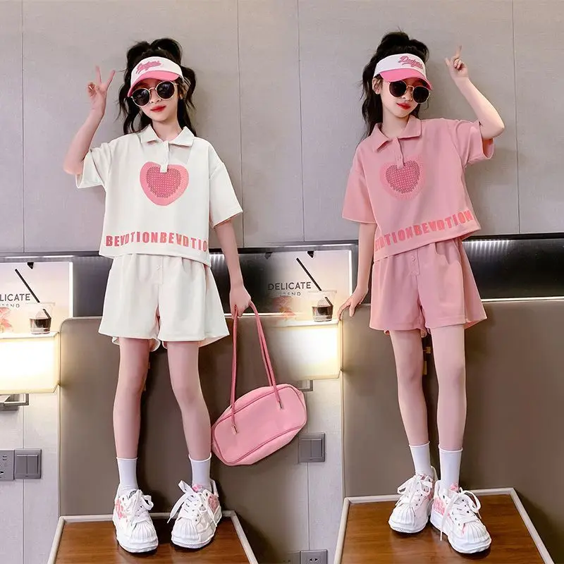 

Girls Summer New Leisure Korean Style Polo Shirts+Short Pants 4-14 Years Teeange Girls Students Outfits Sets Children Clothes
