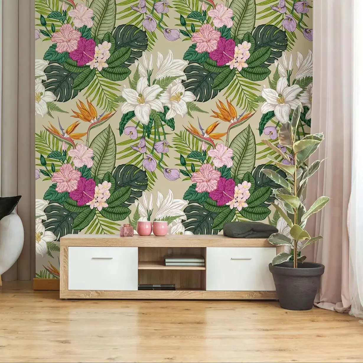 Hawaii Vibe Tropical Floral Wallpaper, Hibiscus Pattern, Botanical Wall Decor, Tropical Self Adhesive Or Traditional Wall Papers
