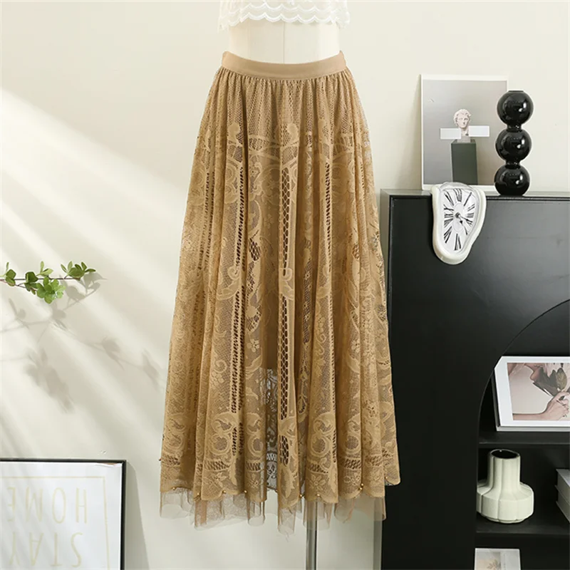 

Spring Beading Floral Embroidery Mesh Skirt Women Elastic High Waist Hollow Out Lace Skirts Ladies A-Line Large Hem Long Saia