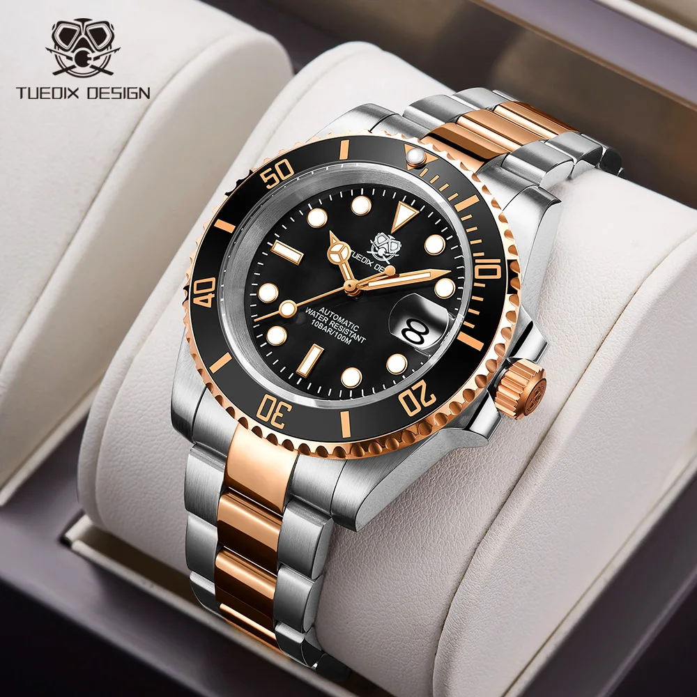 TUEDIX Business 41mm SUB Two Tone Rose Gold AUTOMATIC Men Watch NH35A Movement Ceramic Insert Screw Crown Date Calendar