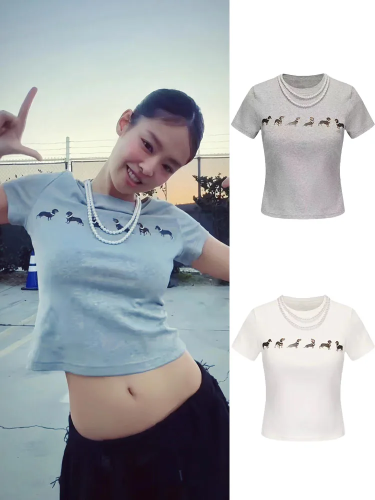 

High Version Pearl Necklace Print Short Sleeve T-Shirt Women's Summer Top Stylish Commute Style Creative Animal Print Tees