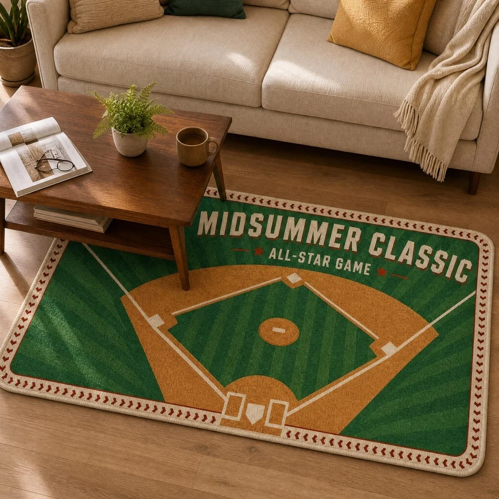 Flannel Baseball Field Printed Area Rug, Anti Slip Sports Theme Floor Mat, Soft Decor Carpet for Living Room Bedroom Game Room