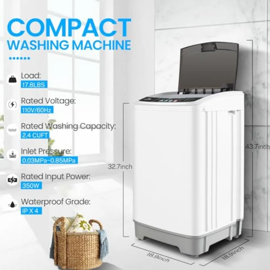 Portable Washing Machine 17.8Lbs 2.4 Cu.ft Full Automatic Washer with 10 Programs and 8 Water Levels LED Display and Drain Pump