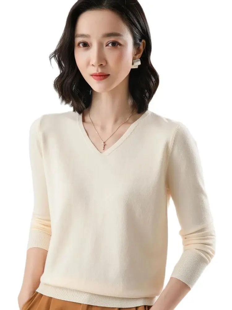 

Fashion Basic Women Merino Wool Sweater Cashmere Pullover V-Neck Knitwear Slim Solid Collar Jumper Elegant Clothing Tops