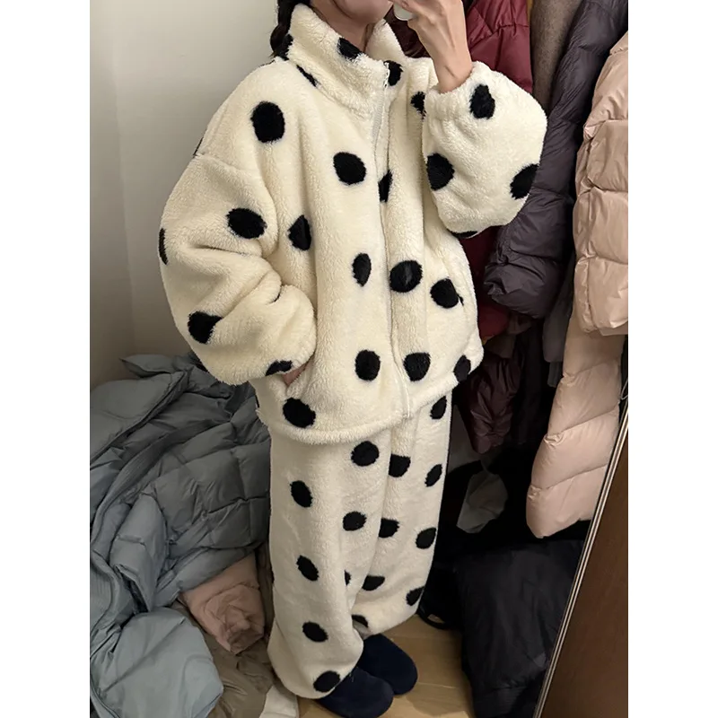 Polka Dot Turtleneck Coral Fleece Pants Set Winter Warm Cardigan +trousers 2-piece Sets Loungewear/pajama Set For Women