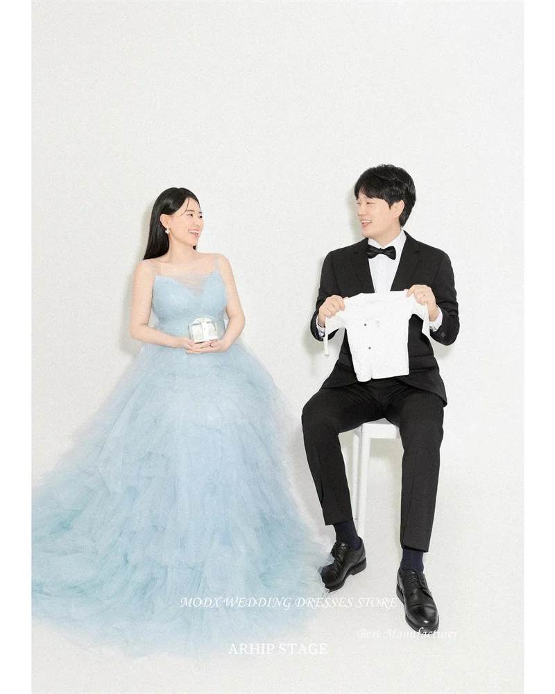 MODX-vestidos de novia elegantes de tul azul claro, sesión de fotos de Corea para embarazadas, tirantes finos, vestidos de novia escalonados, vestido de fiesta de noche