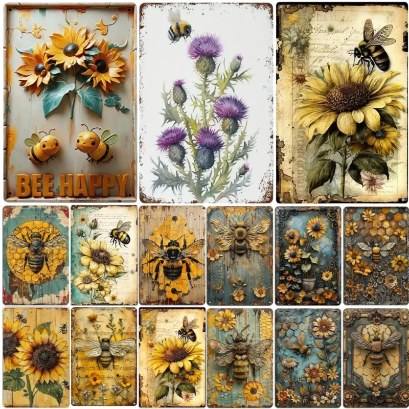 

Vintage Metal Tin Poster Bees and Flowers Metal Tin Signs Posters Plate for Bars Restaurant Cafe Clubs Retro Posters Plaque