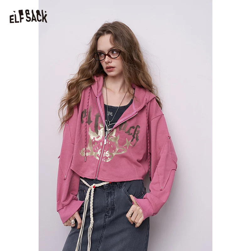 

ELFSACK 2025 Autumn New Arrival Casual Streetwear Graphic Zippered Short Hoodie For Woman