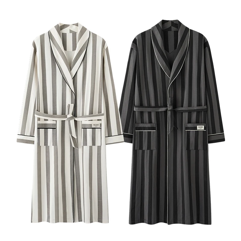 Spring Autumn Striped Bathrobe Lover Cotton Sleep Top Kimono Robes For Male Female Robes Long Bath Robe Bride Robe Dressing Gown