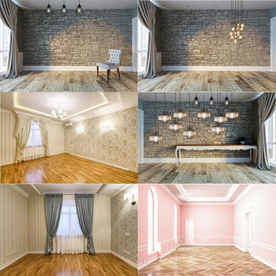 Photography Backdrop Modern Living Room Stone Brick Wall Curtain Window Floor Light Interior Background Banner For Photo Studio