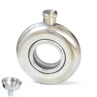 A Set Pocket Round 5oz Stainless Steel Whiskey Flask Transparent Glass Wine Bottle Pot Flagon Kettle w/ Funnel Outdoor Drinkware
