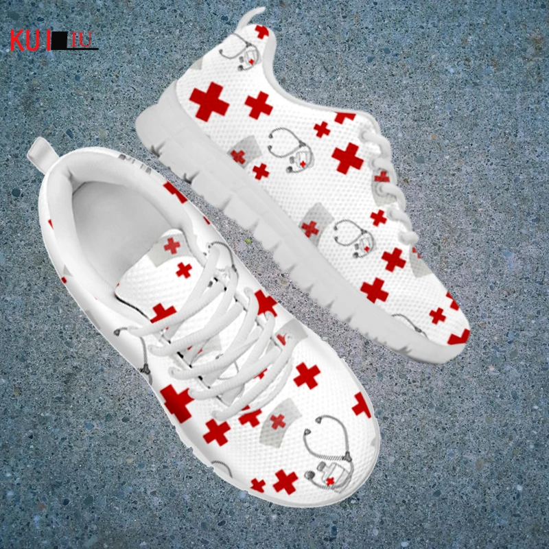 

KUILIU Medical Red Cross Print Autumn Women's Shoes Lace Up Sport Shoes Breathable Mesh Sneaker Casual Flat Shoes Free Shipping