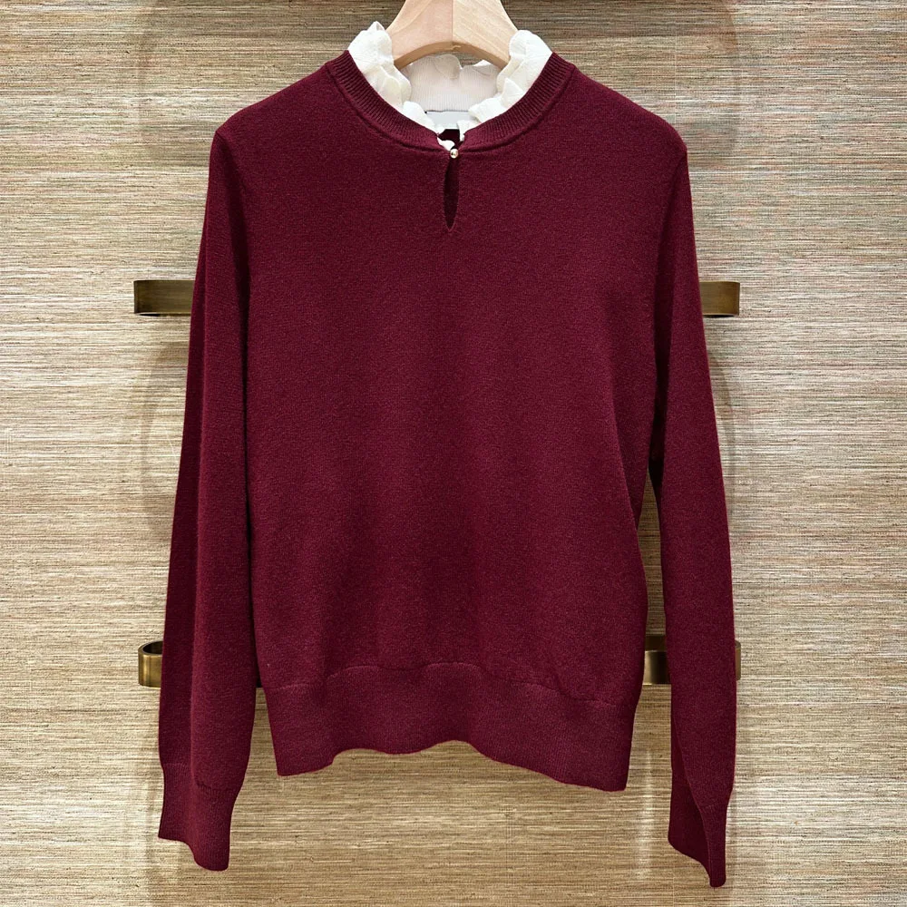 Sweter damski MaSandeS, dzianinowy, imitacja dwuczęściowego, ozdobny kołnierzyk, miękki sweter, casualowy, jasny, z detalami z efektu przetarcia.