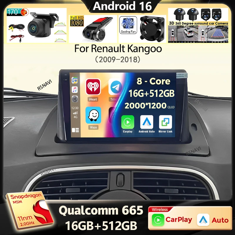 Autoradio Android 16 Carplay pour Renault Kangoo 2009 2012 2015 2016 2017 2018 Lecteur vidéo multimédia Navigation Stéréo 2din DSP