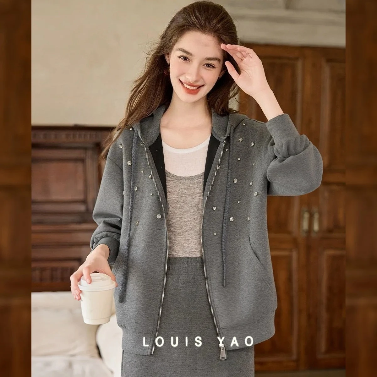 

LOUIS-YAO Casual Hooded Knit Coat 2025 Autumn Stylish Elegant Cardigan Original Design Loose Embroidered Flares Women's Coat