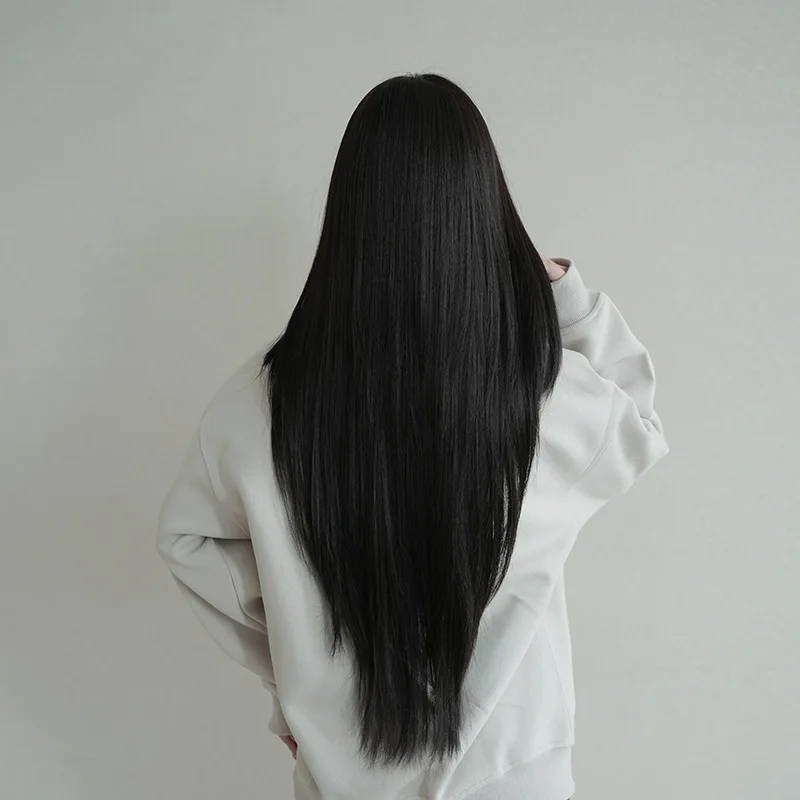 前髪付きストレートヘアウィッグ、黒ウィッグ、非レースナチュラルカラー、コスプレパーティーナチュラルウィッグ、女性が使用するのに適しています