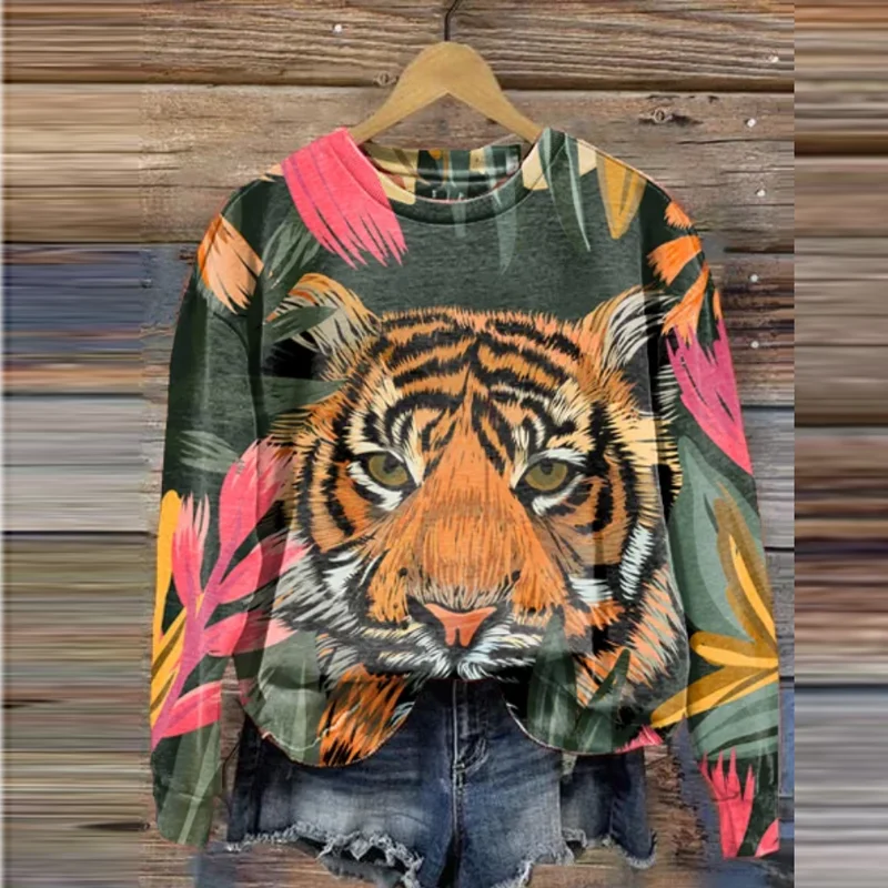 Women Hoodie Retro Round Collar Tiger Pattern 3D Print Sweatshirts Autumn Winter Long Sleeve T-Shirt Female Loose Pullover Tops