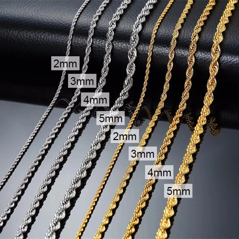 Women Men Ropes Long Necklace Stainless Steel Twist Rope Chain Necklace Gold Silver Color 2 3 4 5mm width Accessories Wholesale