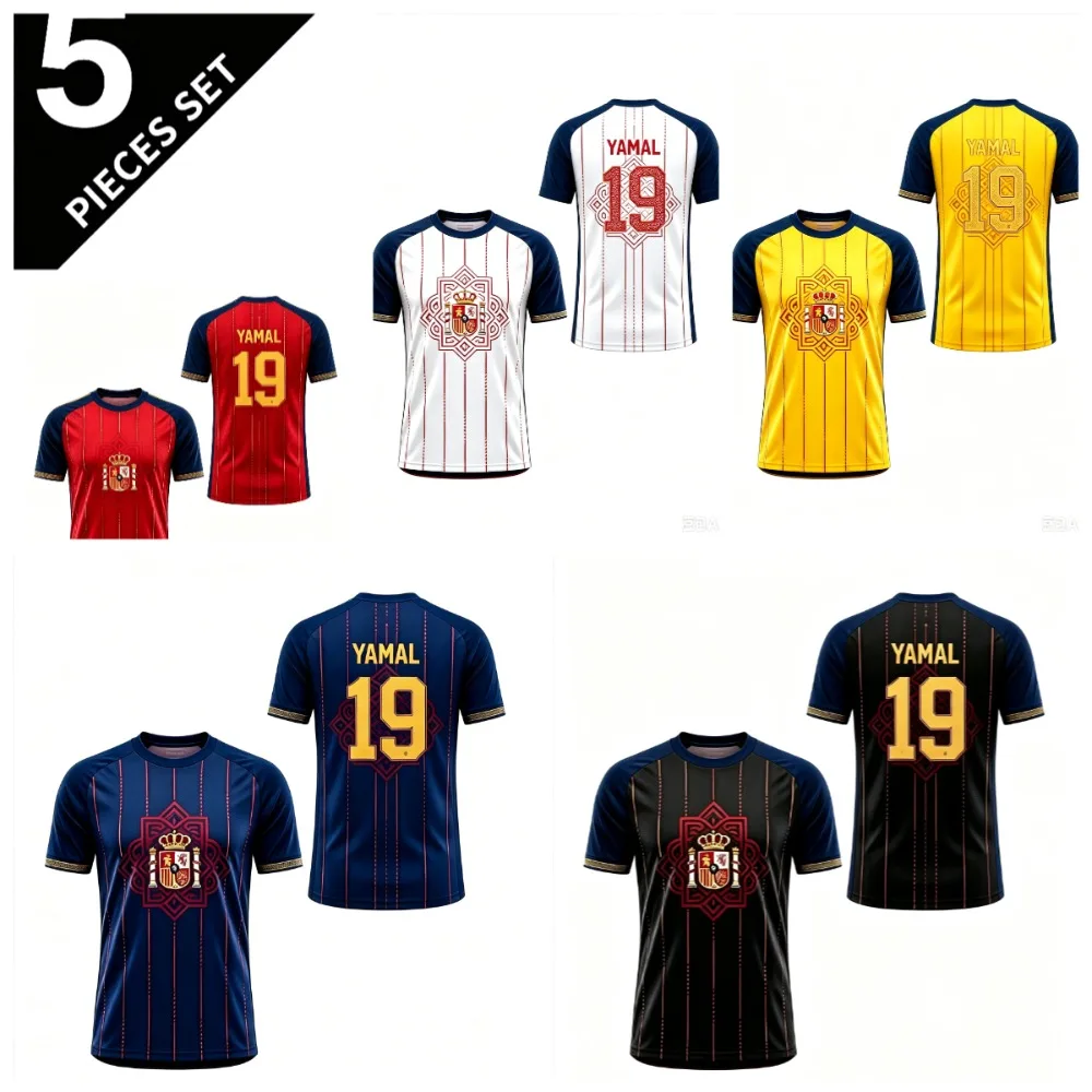Spain Style Red Navy Trim Printed T-shirt Summer Breathable Casual & Comfortable Outdoor Soccer Sports Short Sleeve Tops Unisex