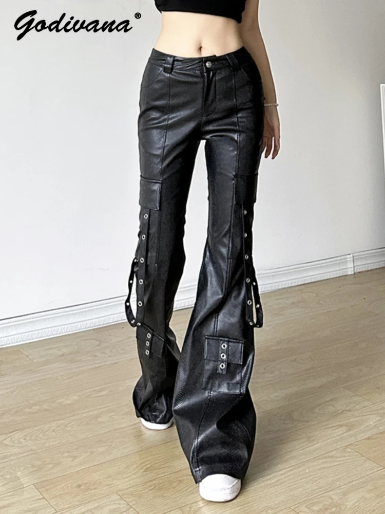 

Уличная одежда, популярные мотоциклетные кожаные расклешенные брюки с карманами и лентой для девочек, женские узкие черные брюки из искусственной кожи с высокой талией