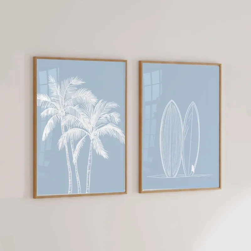 2pcs Modern Tropical Coastal Wall Art Posters, Frameless Palm Tree Sketch & Surfboard Posters for Living Room and Bedroom Decor