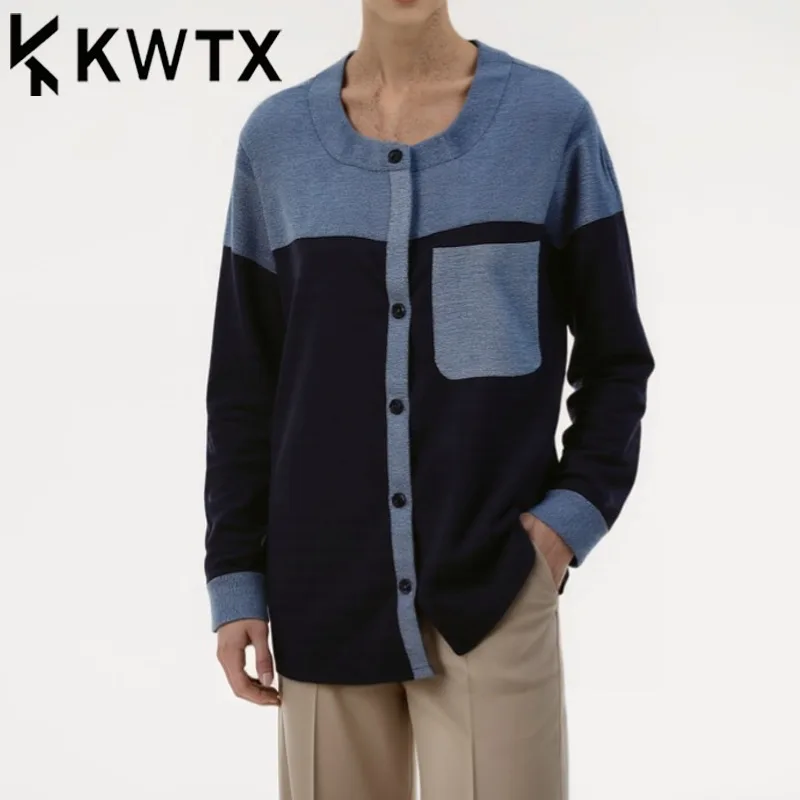 

KWTX Women’s Casual Designer Shirt Black Blue Color Block Single Breasted Round Neck Pockets Elegant SS25 Fashion