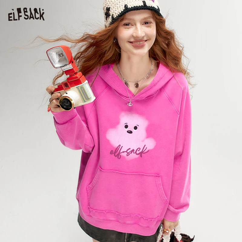 ELFSACK 2024 Autumn New Arrivals Retro Print Casual Hoodie for Women Loose Thin Sweatshirt