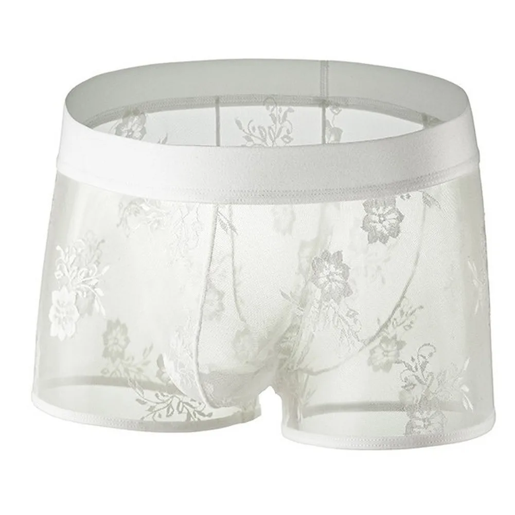 Men's Floral Lace Boxer Shorts Bulge Pouch Underwear See Through Trunks Panties With Floral Pattern Sheer Transparent Underwear
