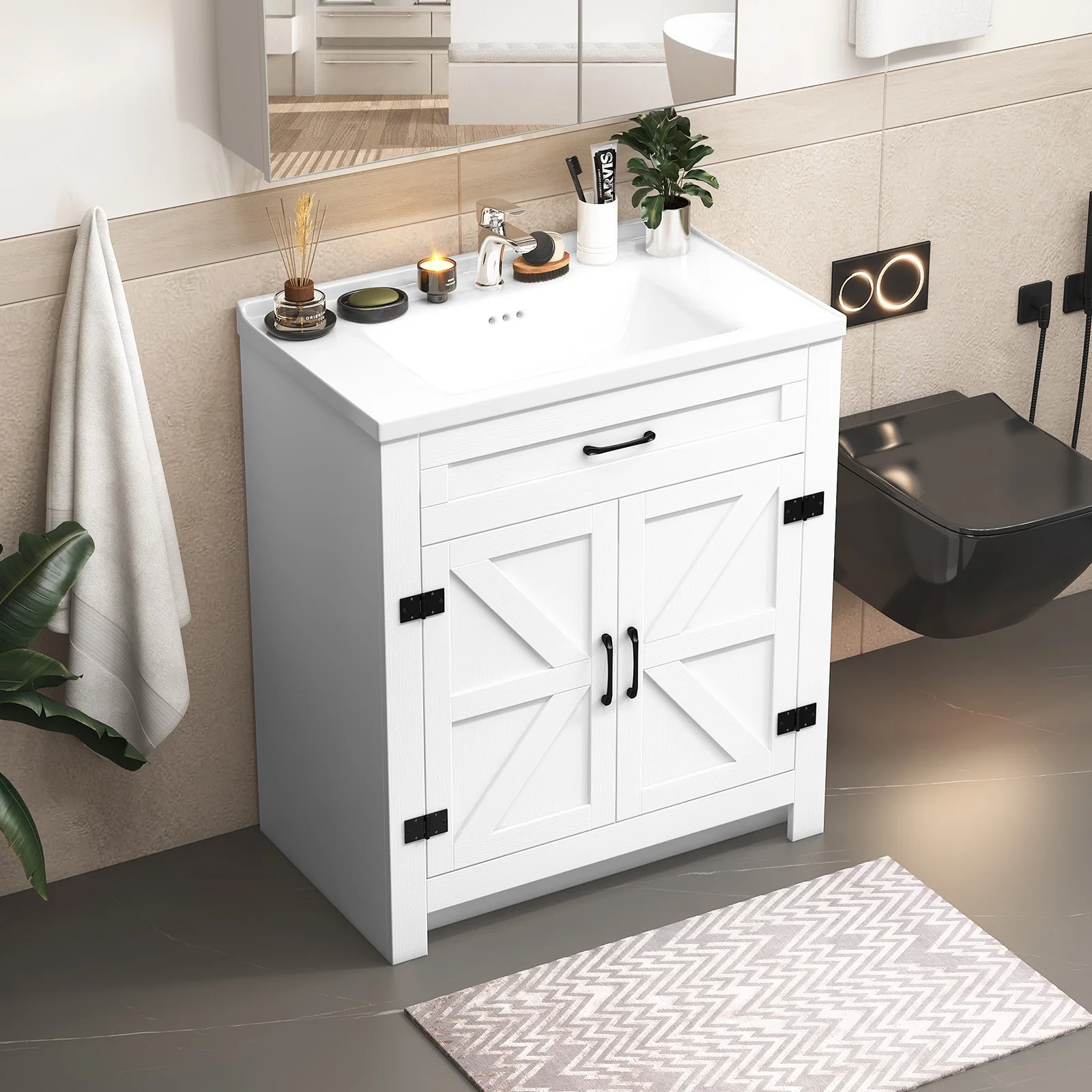 Vanité de salle de bain de 31 pouces avec lavabo simple en céramique, meuble de salle de bain en bois autoportant, nouveau