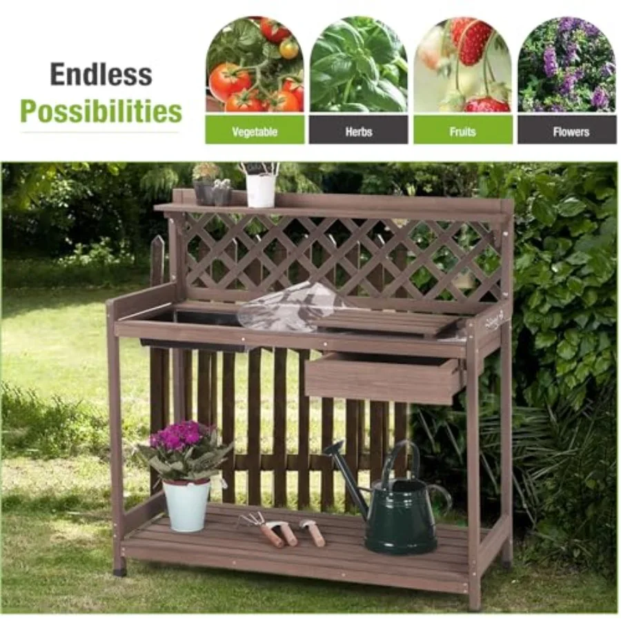 Potting Bench Outdoor Gardening Work Bench with Sink and Lid, Wooden Planting Table for Outside with Storage, Drawer, Shelf, Ho