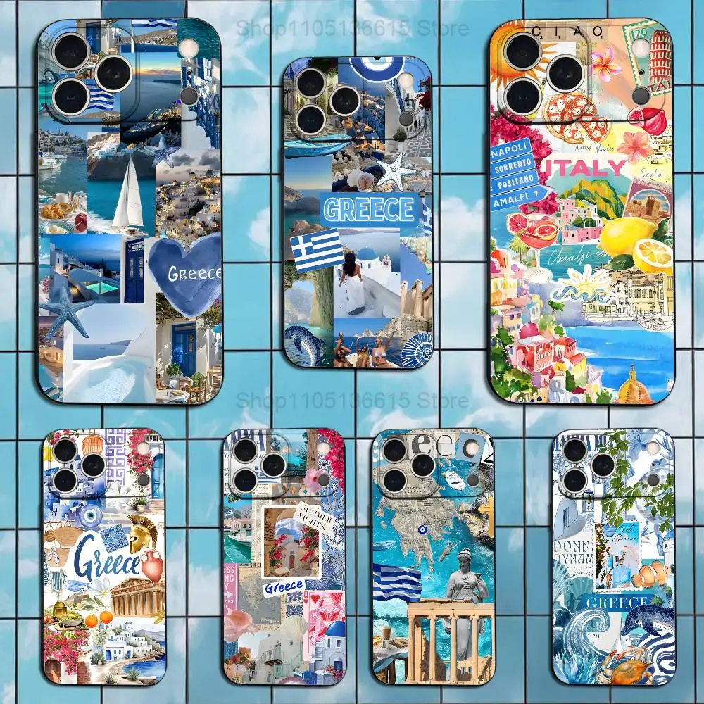 Funda de teléfono griega Aegean Sea Art para iPhone 17,16,15,14,13,12,11 Plus,Pro Max,XS,X,XR,SE,Mini,8,7, funda negra de silicona suave