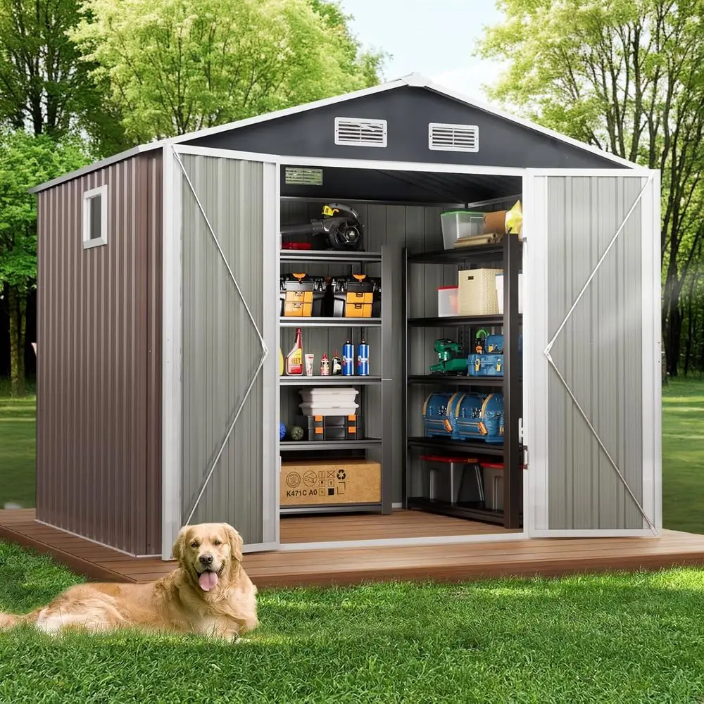 

Сарай для хранения на открытом воздухе 8x6 футов с окном и запираемой дверью, всепогодный хозяйственный сарай для двора и сада, коричневый